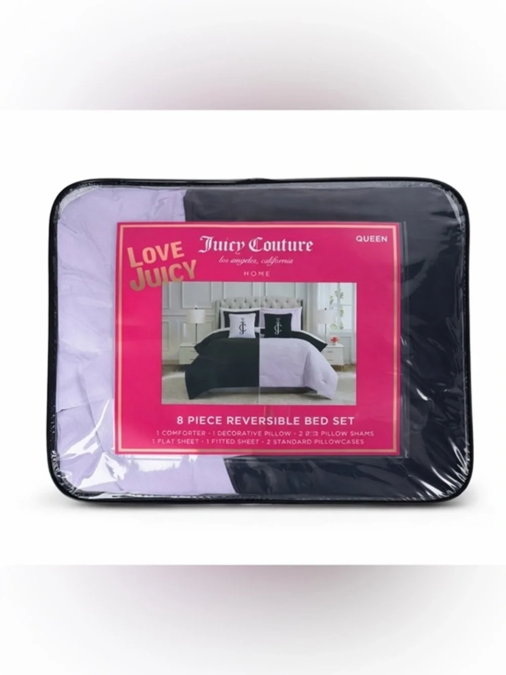 Juicy Couture Queen Reversible Bedding Set 8 Piece Comforter Sheet Set Glam